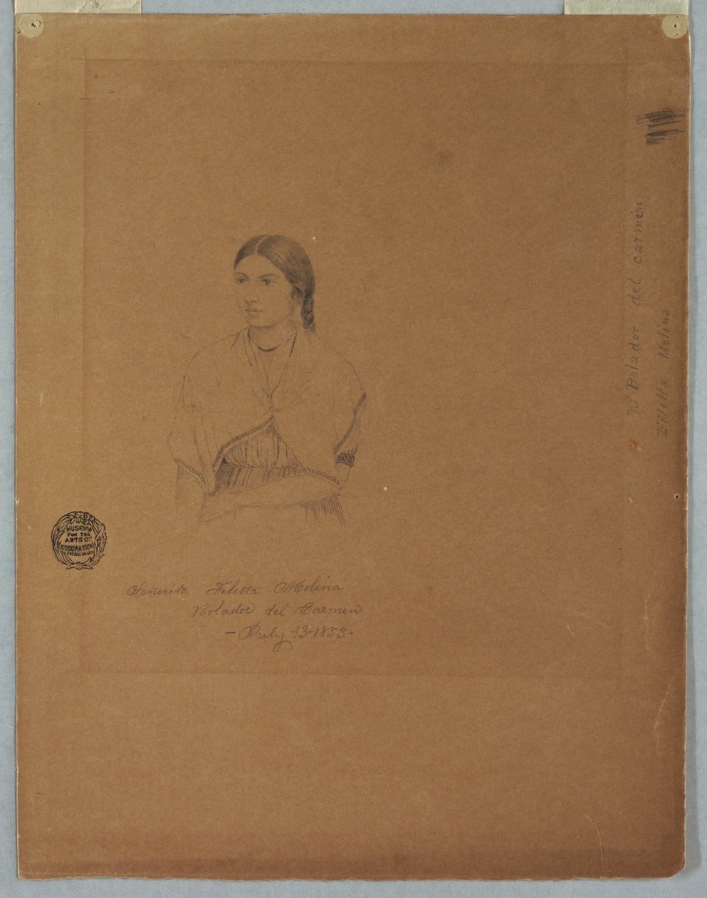 Tegning, portrett av boliviansk jente: Senorita Filetta Molina Bolador del Carmen, Colombia, 13. juli 1853 av Frederic Edwin Church