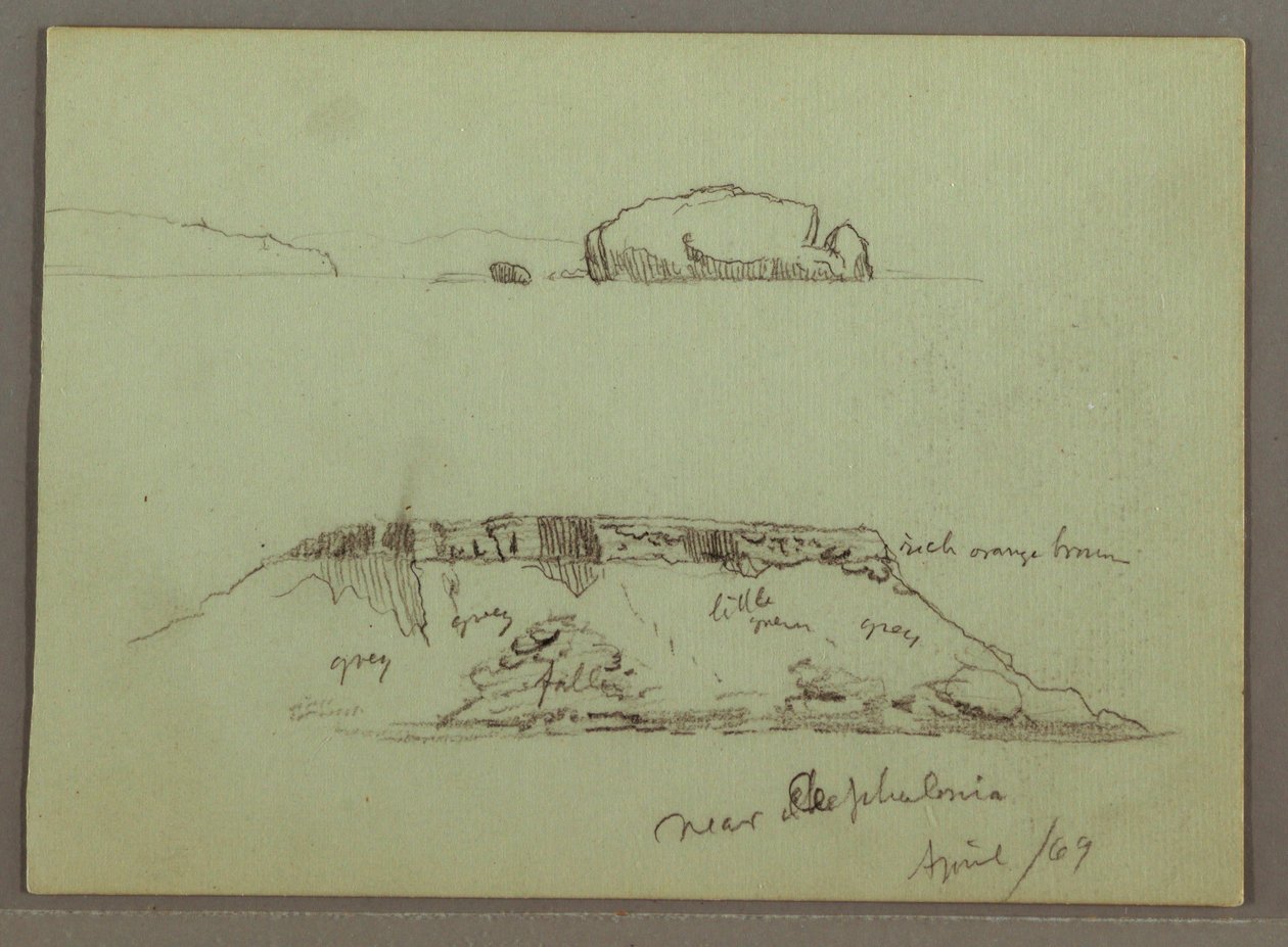 Tegning, Steiner foran kystlinjen, Steinete klipper ved kystlinjen, april 1869 av Frederic Edwin Church
