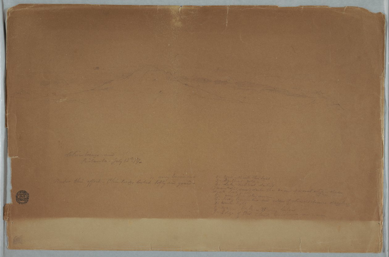 Tegning. Skisse. Chimborazoen vist fra Riobamba, Ecuador av Frederic Edwin Church