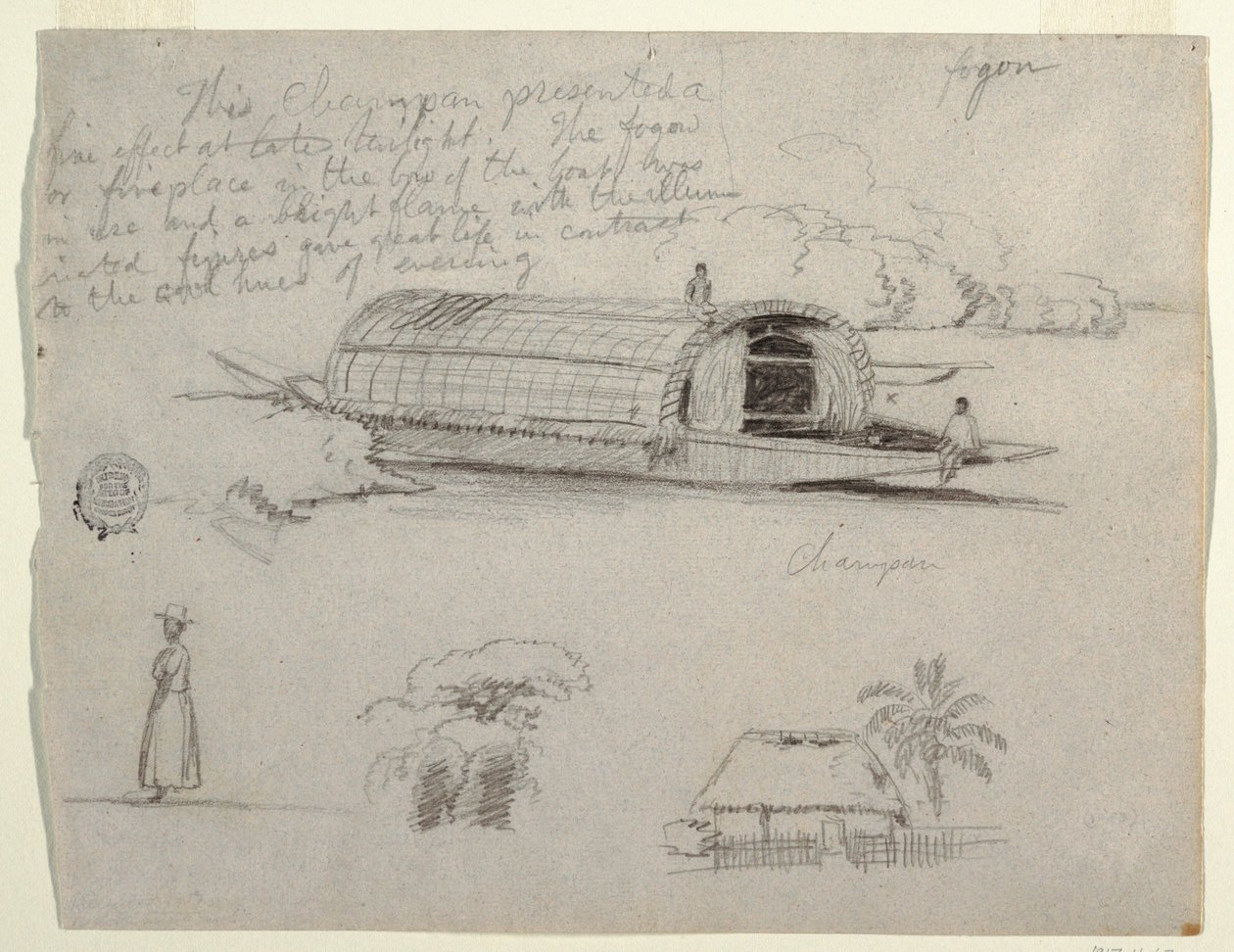Tegning, skisser fra Columbia - River Craft (Chapman), a Woman, Group of Trees, a House av Frederic Edwin Church