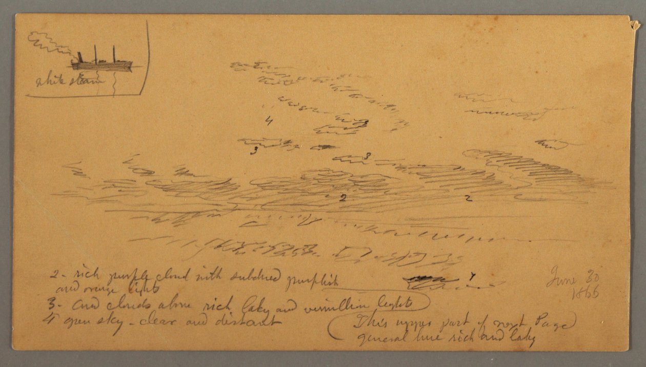 Tegning, dampbåt, himmelstudie, 30. juni 1866 av Frederic Edwin Church