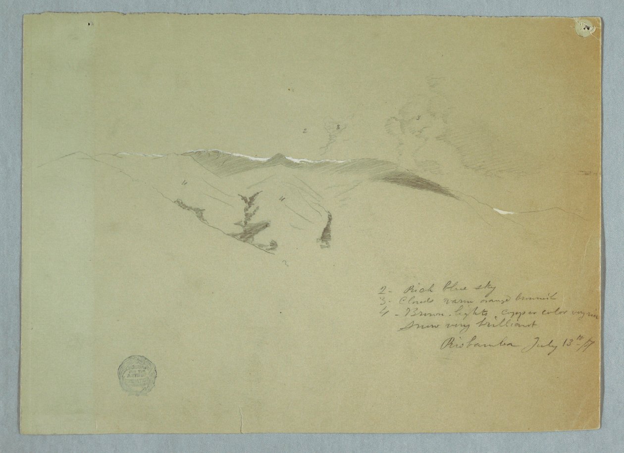 Tegning, daler og snødekte åsrygger, Riobamba, Ecuador, 13. juli 1857 av Frederic Edwin Church