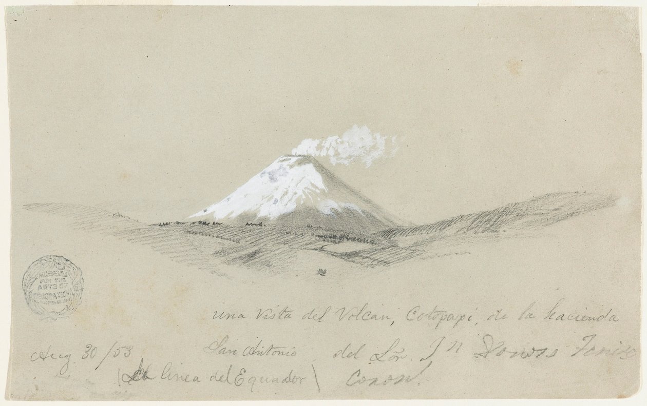 Tegning, utsikt over Cotapaxi fra Hacienda San Antonio, Ecuador, 30. august 1853 av Frederic Edwin Church