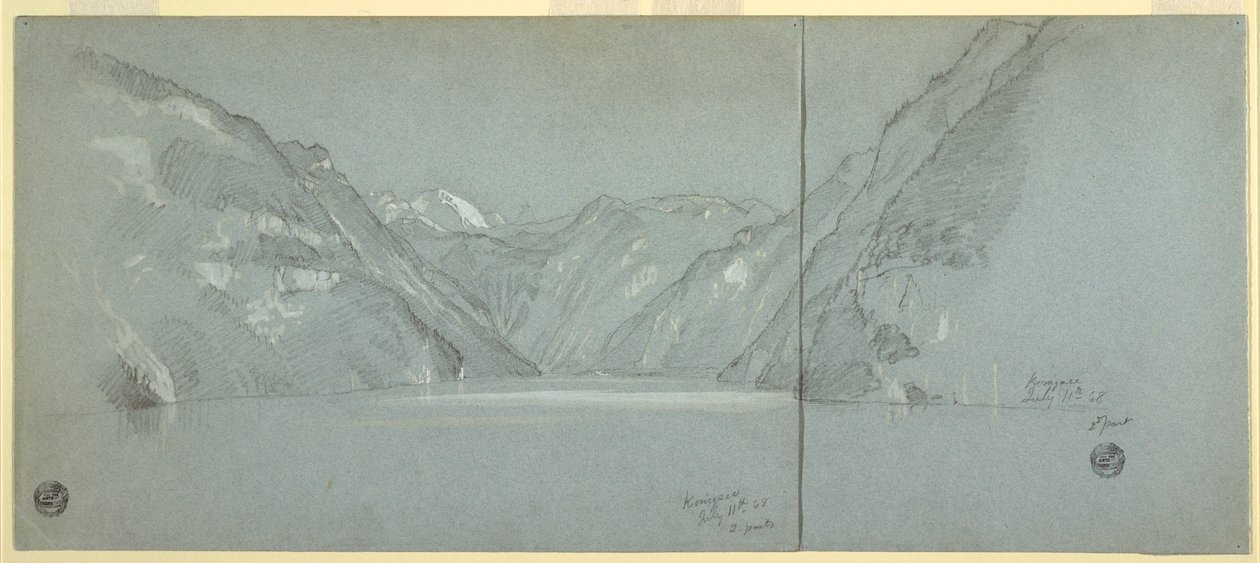 Tegning, utsikt over Königssee-sjøen med Falkenstein, nær Berchtesgaden, Bayern, Tyskland, del 2, 11. juli 1868 av Frederic Edwin Church