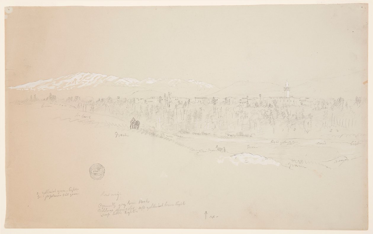 Tegning, landsbyen Kuseiyeh, Libanonfjellet i det fjerne, mai 1868 av Frederic Edwin Church