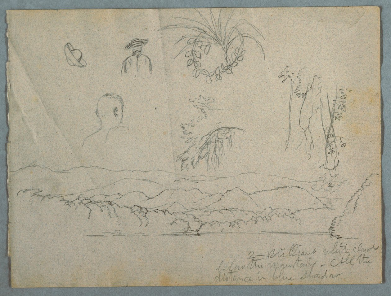 Elvebredden med fjell og skyer, tre botaniske skisser og bysterstudier av menn med hatter av Frederic Edwin Church