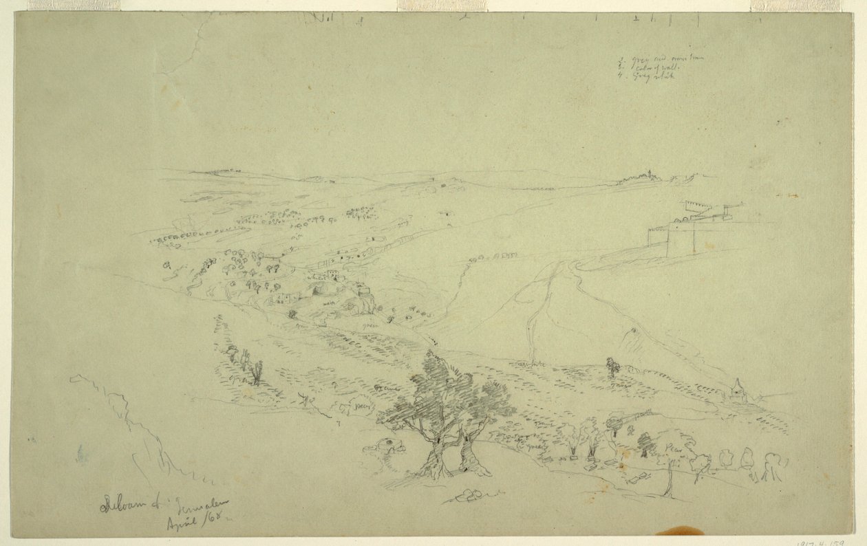 Siloam og Jerusalem, Sørøstlige hjørne av murene sett fra Oljeberget [Jerusalem og Silwan, Øst-Jerusalem, Israel] av Frederic Edwin Church