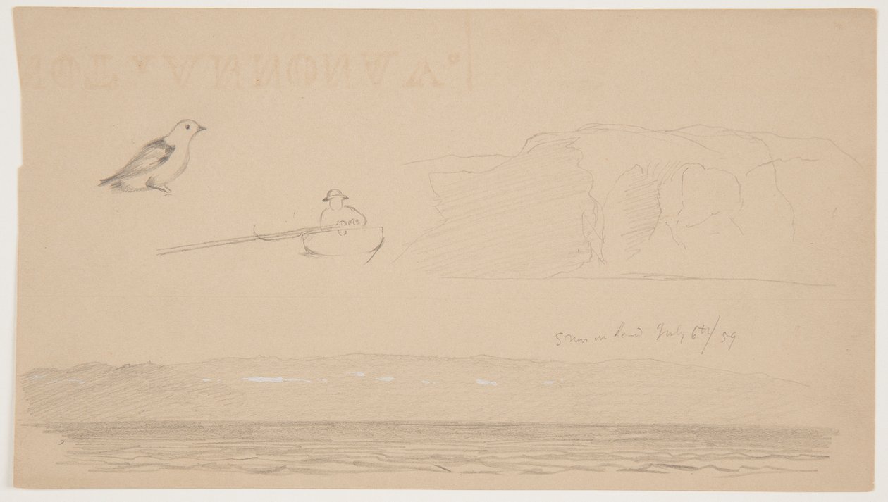 Skisser fra Labrador of Snow on Land, Man in Boat og Bird av Frederic Edwin Church