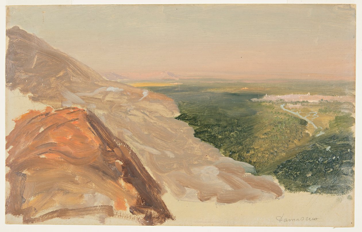 Utsikt over en slette med Damaskus, Syria, fra fjellene. av Frederic Edwin Church
