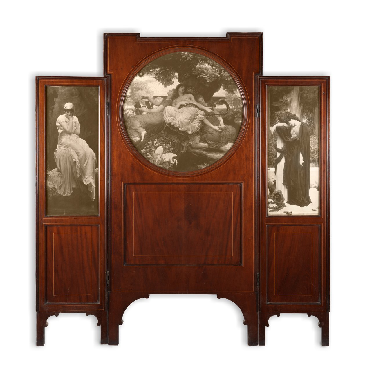 Mahogny tre-foldet skjerm med trykkinnlegg (mahogni tre-fold skjermsett) av Frederic Leighton