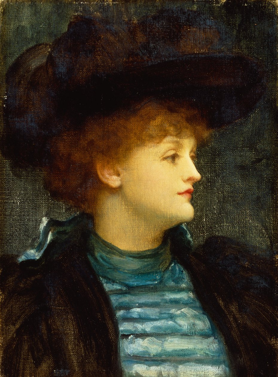 Portrett av kvinne i turkis kjole med svart frakk og hatt (olje på lerret) av Frederic Leighton