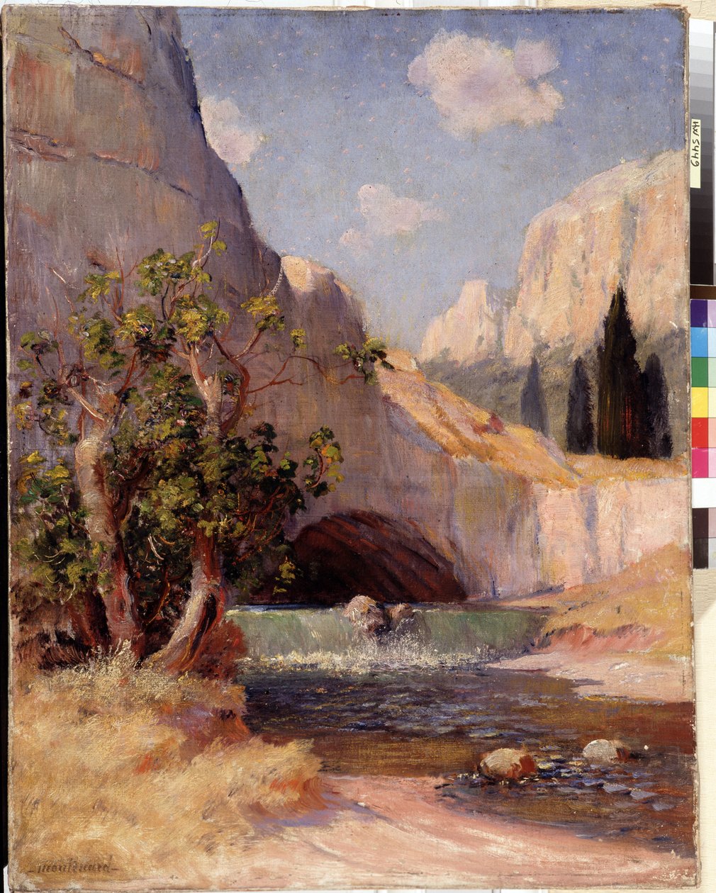 Utsikt over Fontaine du Vaucluse-landskapet i Provence. Maleri av Frederic Montenard (1849-1926) Dim. 65x50,5 cm Obligatorisk omtale: Collection fondation regards de Provence, Marseille av Frederic Montenard