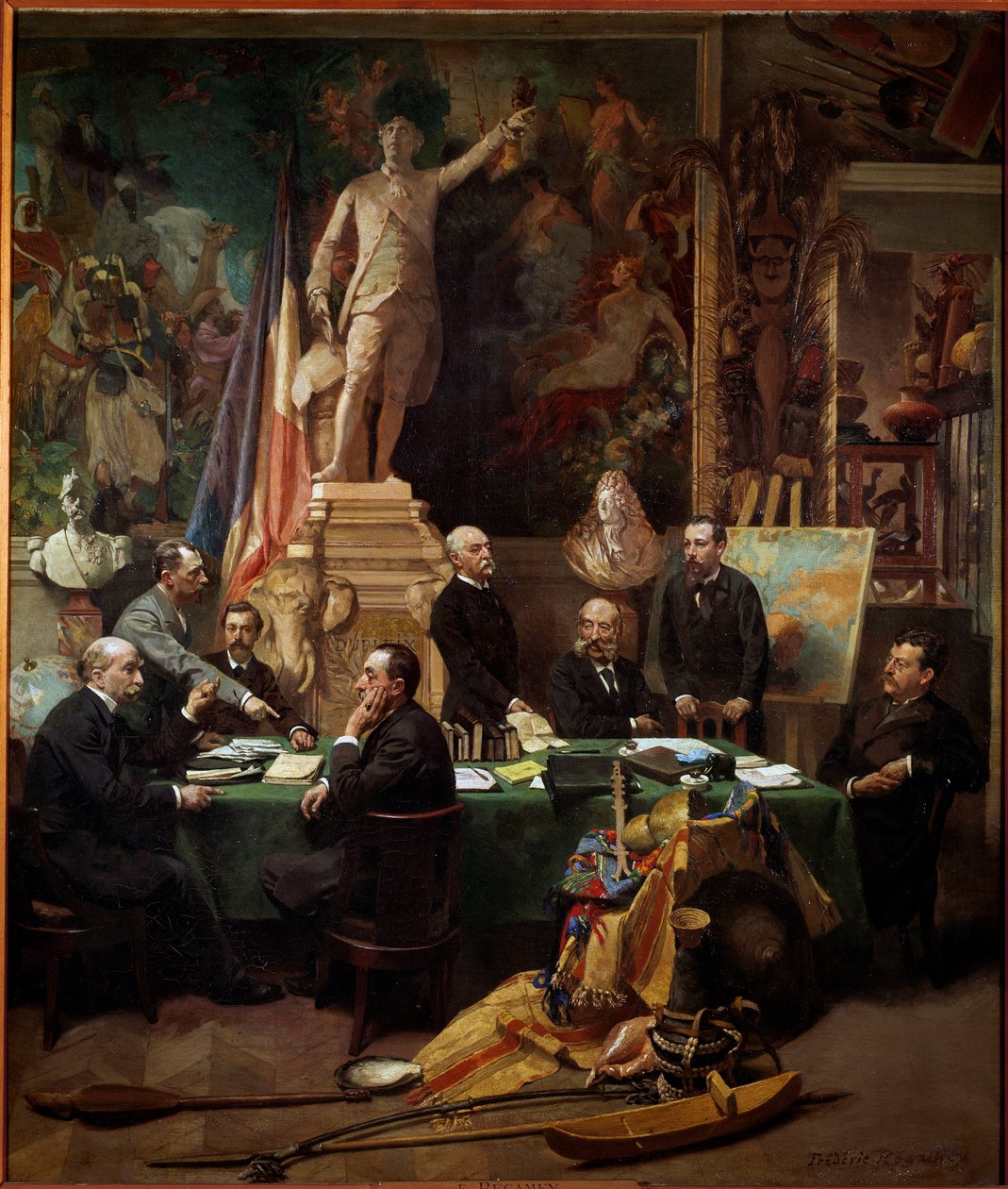 Delegatene for koloniene i november 1892 Fra venstre til høyre: Chesse (Tahiti), Mager (Diego Suares), Dussac (Nossy-Be), de Faymoreau (Mayotte), Jules Ferry (Annam og Tonkin), Soller (Fransk Guinee) , Cudenet (New Caledonia). Maleri av Frederic Regam av Frederic Regamey