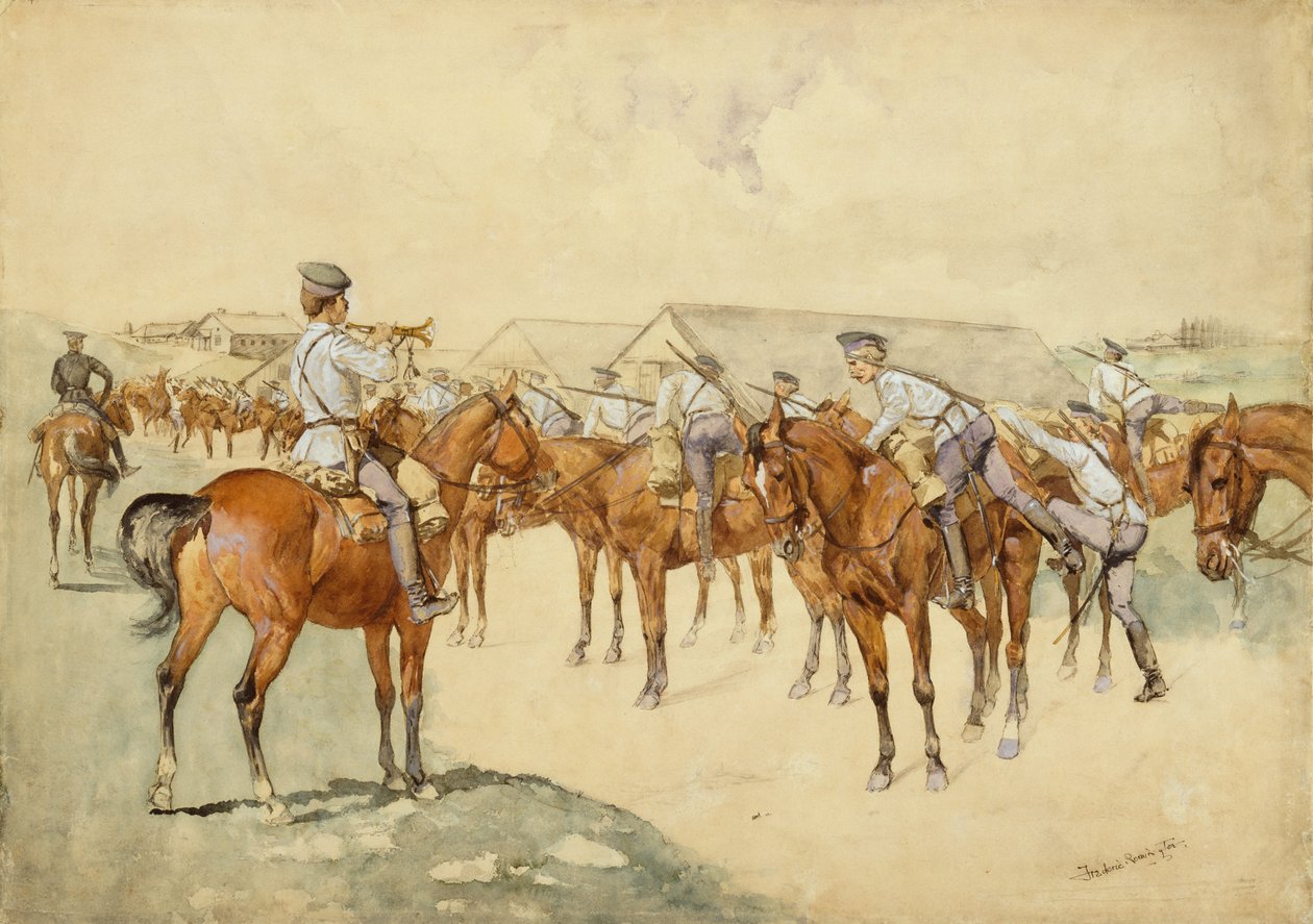 A Call to Arms (Dragoons, Mount!) 1892-93 (wc, gouache, penn og blekk, blyant og kroppsfarge på papir) av Frederic Remington