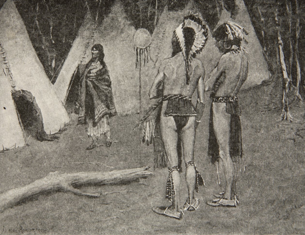 Og hennes elskere, de avviste,... Kjekke menn med maling og fjær, fra The Song of Hiawatha av Henry Wadsworth Longfellow (1807-82), pub. av George G. Harrap und Company Ltd., 1911 av Frederic Remington