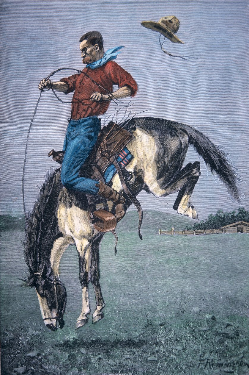 Bronco-Buster (farget gravering) av Frederic Remington
