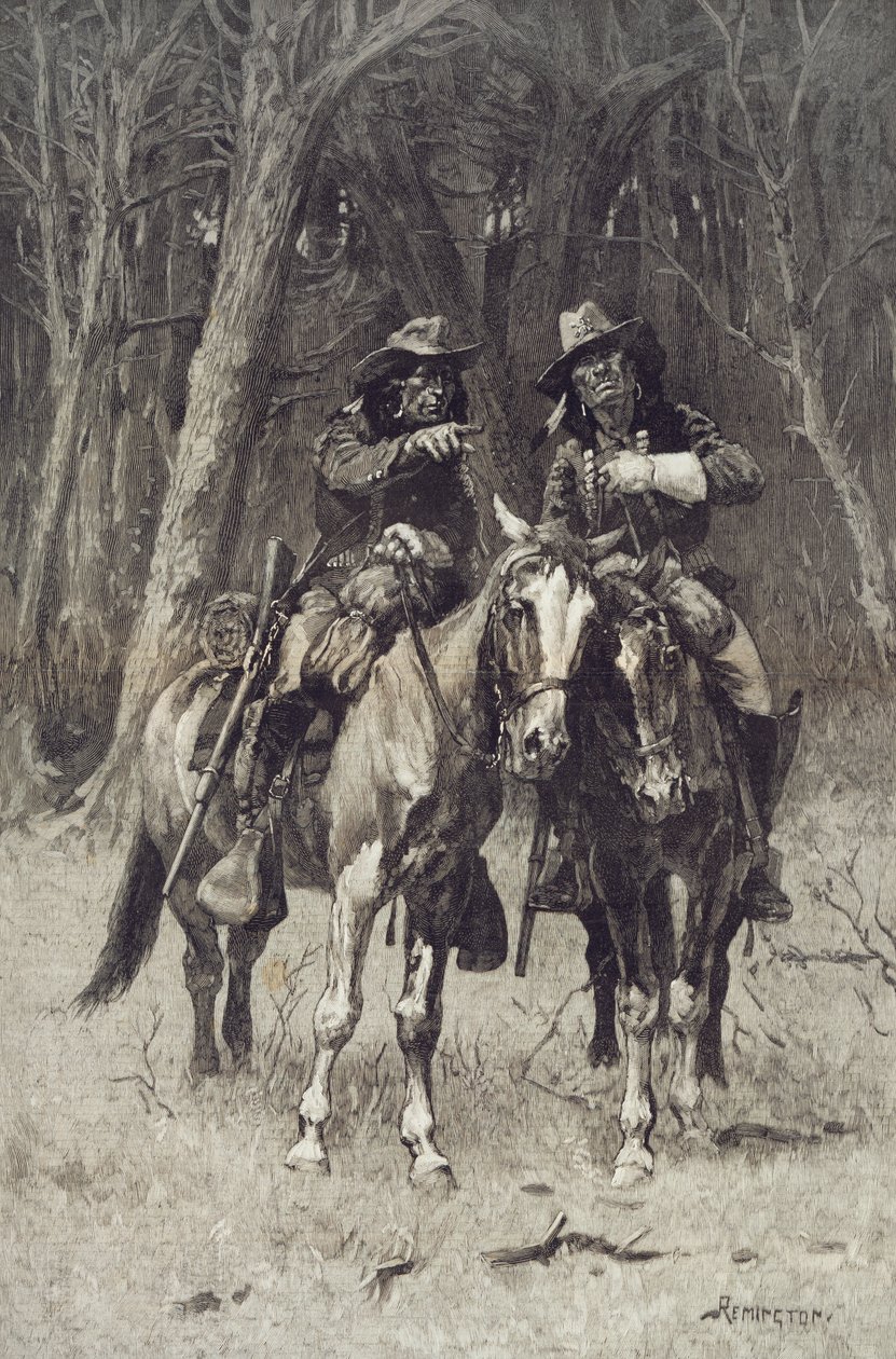 Cheyenne-speidere som patruljerer Big Timber of the North Canadian, Oklahoma, 6. april av Frederic Remington