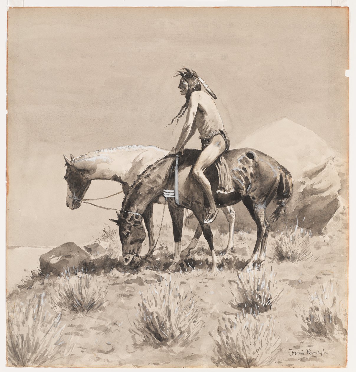 For a Long Time He Stood, et design for The Way of a Indian, sannsynligvis 1900 (blekkvask og ugjennomsiktig hvit på papir) av Frederic Remington