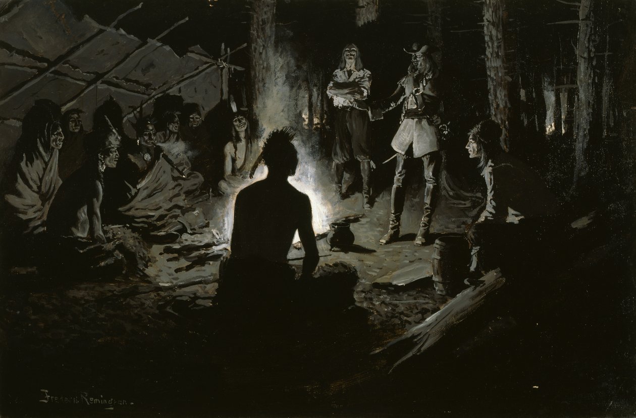 French Explorers Council with the Indians (At the Iroquois Council Fire) c.1901 av Frederic Remington