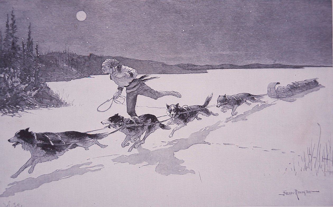 Fransk pelsfanger i Canada med Husky-hunder på frossen innsjø av Frederic Remington