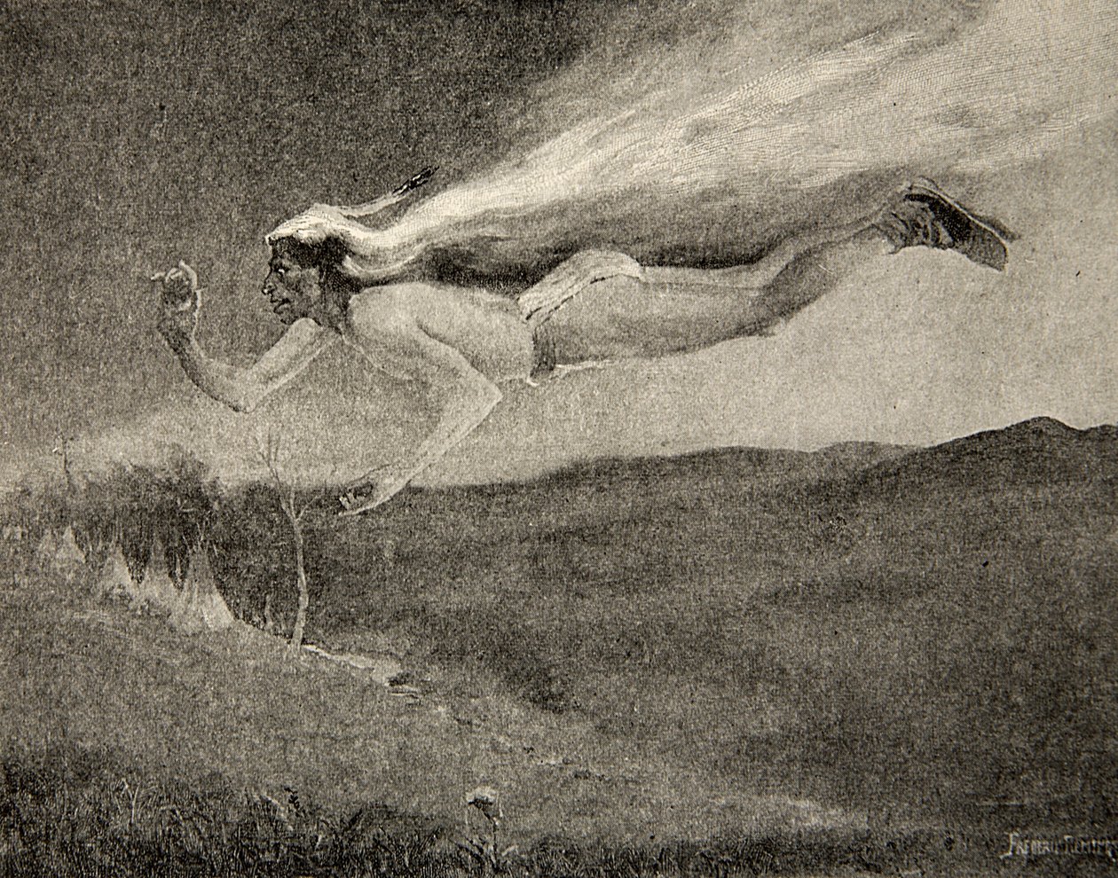 Glad like Ishkoodah, the comet, Like the star with brennende lokker, fra The Song of Hiawatha av Henry Wadsworth Longfellow (1807-82), pub. av George G. Harrap und Company Ltd., 1911 av Frederic Remington