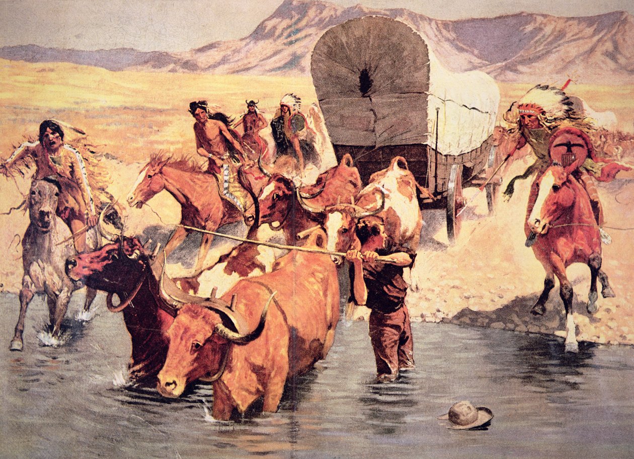 Indianere angriper et pionervogntog (olje på lerret) av Frederic Remington
