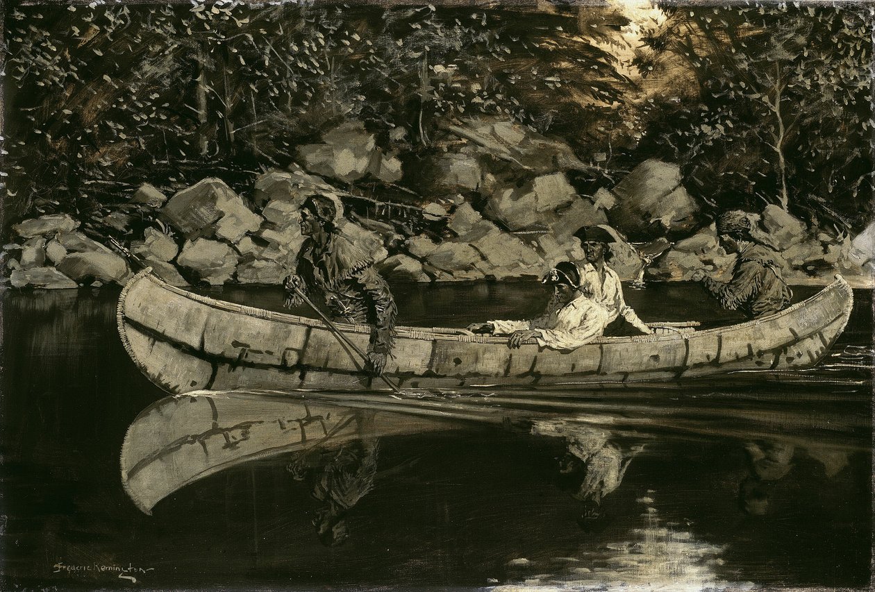 Paddling the Wounded British Officer, 1897.    1179558   no       norwegian Successfully Translated  Original: Design for a Sculptured Bracket with Putto accompanied by the Attributes of War, for the Grand Trianon, Versailles Translat: Design for a Sculptu av Frederic Remington