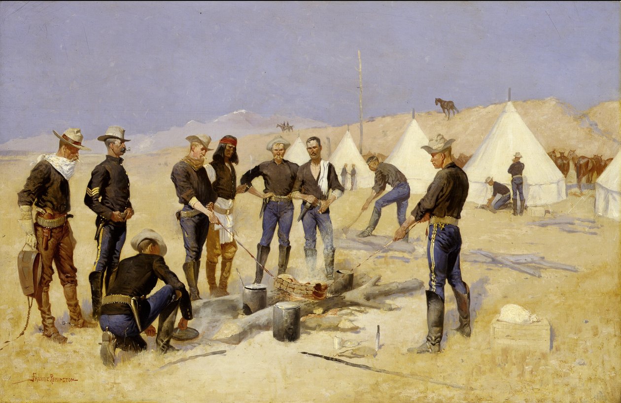Steking av julebiff i en kavalerileir, ca. 1892 av Frederic Remington