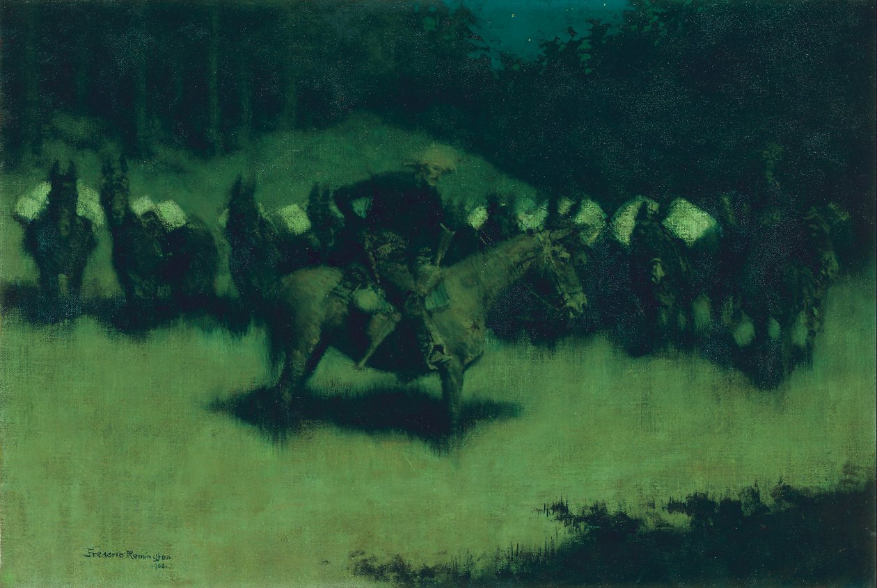Skremsel i et pakketog, 1908 av Frederic Remington