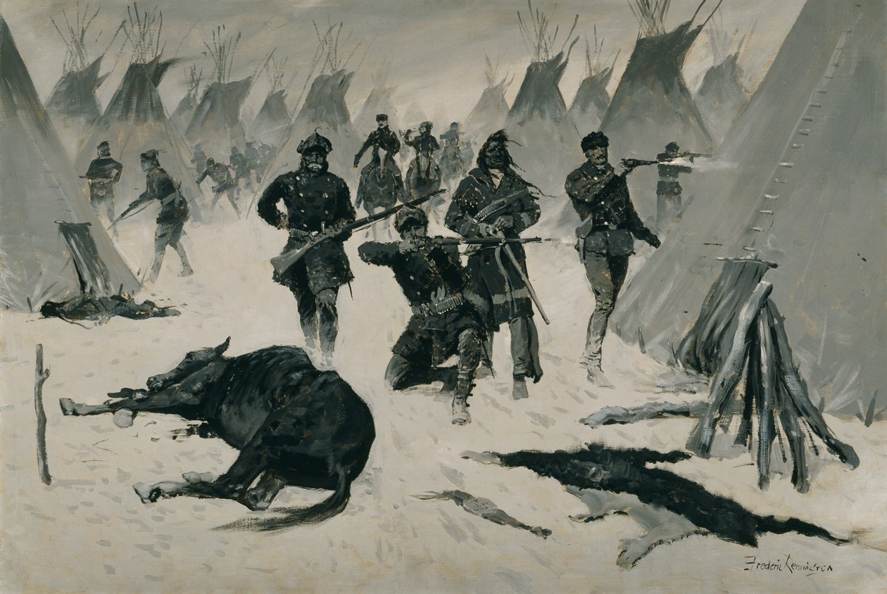 The Defeat of Crazy Horse (The Defeat of Crazy Horse av oberst Miles, januar 1877, Winter Attack on an Indian Village) ca. 1901, muligens ca. 1896 av Frederic Remington