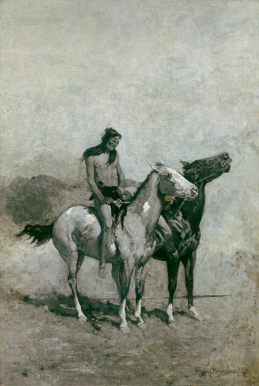 Ild-eteren slengte offeret sitt over ponnien sin, ca. 1900. av Frederic Remington