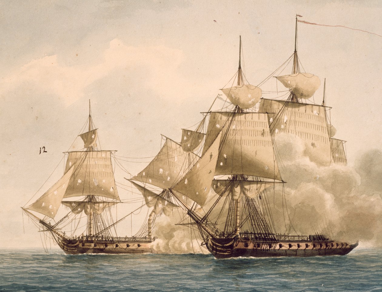 Kamper mellom den franske fregatten Amazon og den britiske fregatten Santa Margherita ved Chesapeake Bay, 29. juli av Frederic Roux