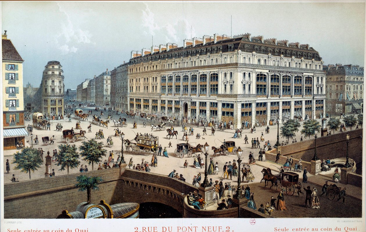 Utvendig utsikt over La Belle Jardiniere, rue du pont neuf i Paris på 1800-tallet. Gravering av Frederic Sorrieu (1807 -? ) av Frederic Sorrieu