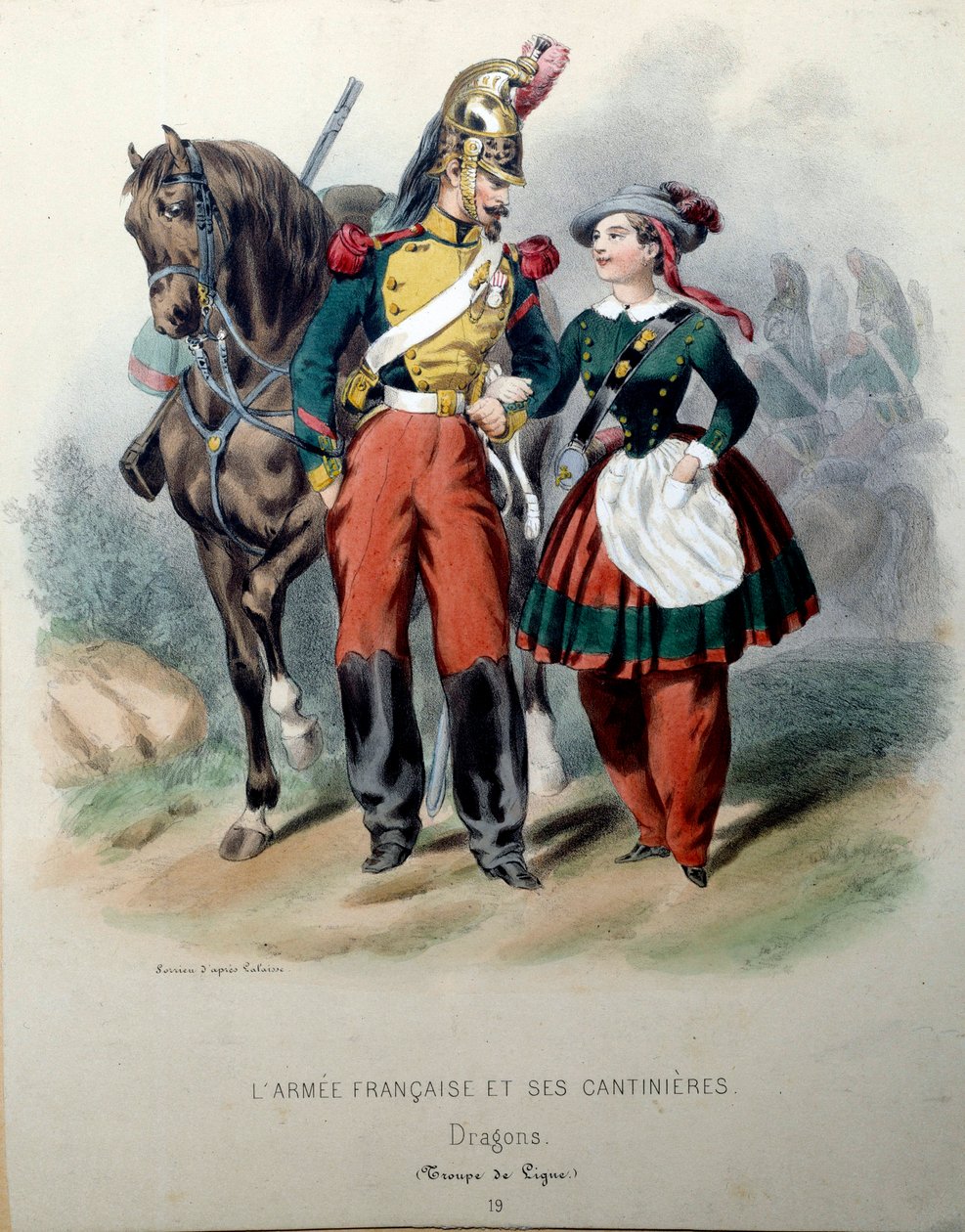 The French Armee and its Cantinieres: A Dragon and a Cantiniere Lithography av Frederic Sorrieu (1807-?) Paris fra 1800-tallet, dekorativ kunst av Frederic Sorrieu