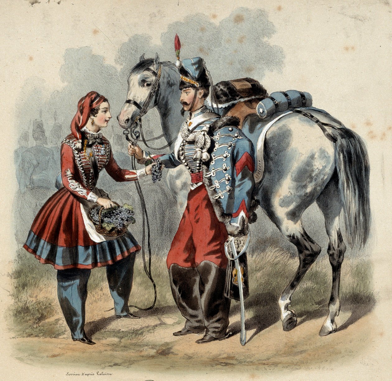 Den franske hæren og dens cantinieres: Hussard og cantiniere de troupe de line. Gravering av Frederic Sorrieu (1807 -? ) av Frederic Sorrieu