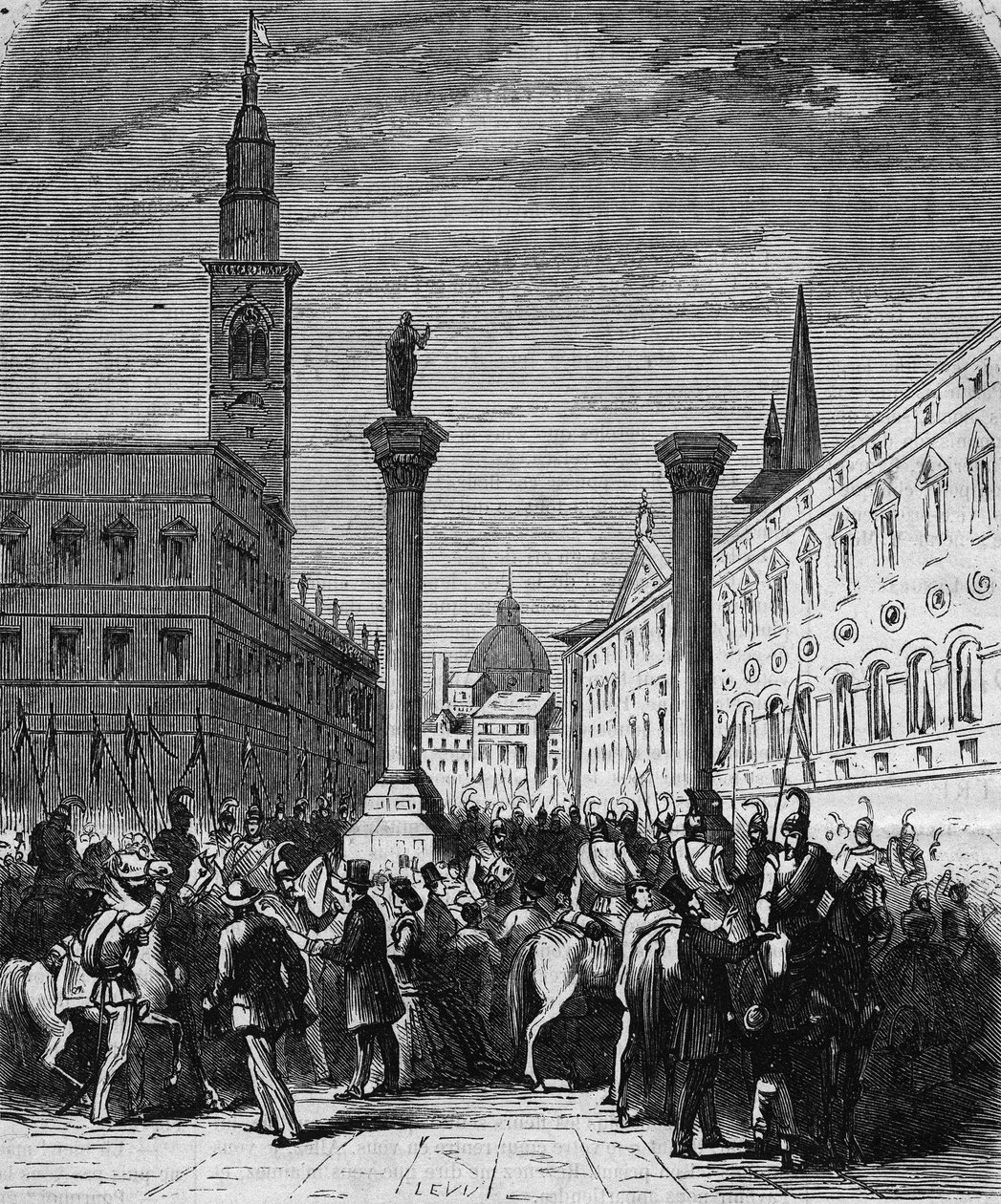 Kavaleriet i kongeriket Italia okkuperer Piazza dei Signori i Vicenza, befridd fra østerrikerne i 1866. Gravering fra en tegning av Lix. I "" L