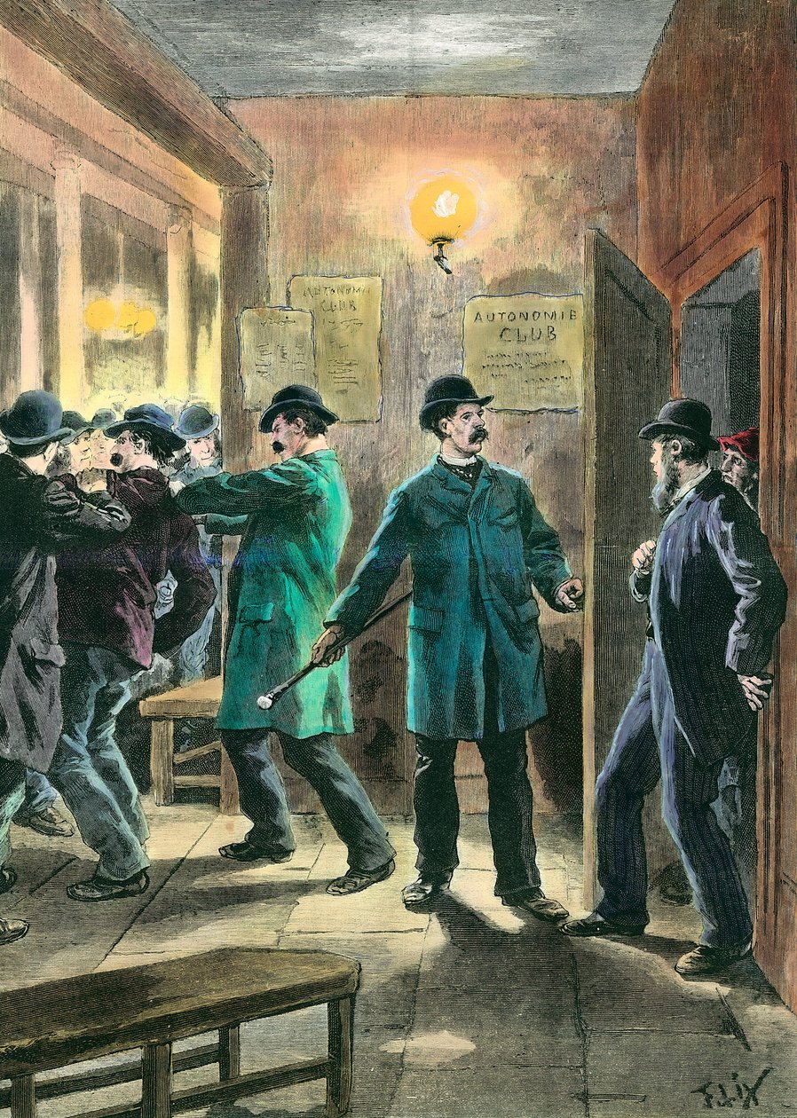 Anarkister i England: Politiet arresterer i Londons autonomistklubb Engraving by Frederic Lix (1830-1897) Private Collection fra 1800-tallet av Frederic Theodore Lix