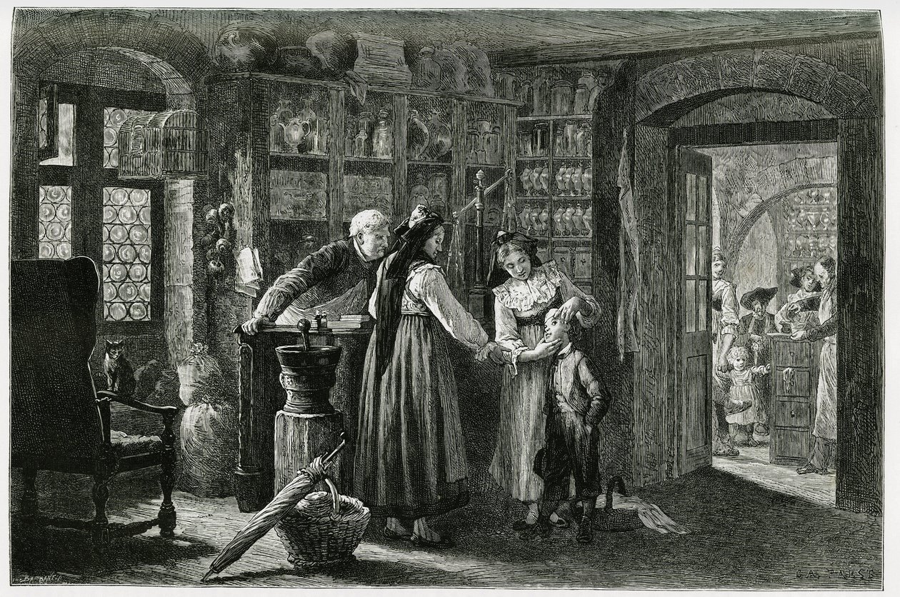 Hos apoteket i landsbyen Kaysersberg (eller Kaisersberg, Alsace), en nødkonsultasjon. Gravering av F.Lix, for å illustrere historien "Gjennom Alsace og Lorraine", i 1884, av Charles Grad (1842-1890), tysk stedfortreder, forfatter og naturforsker. Pub av Frederic Theodore Lix