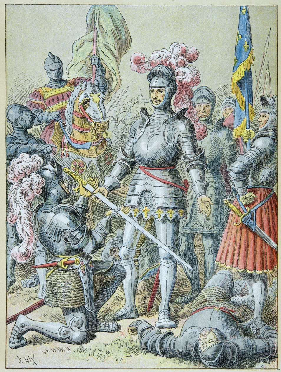 Slaget ved Pavia: Francois I, beseiret, overrakte talen sin til ridderen Charles de Lannoy i 1525 av Frederic Theodore Lix