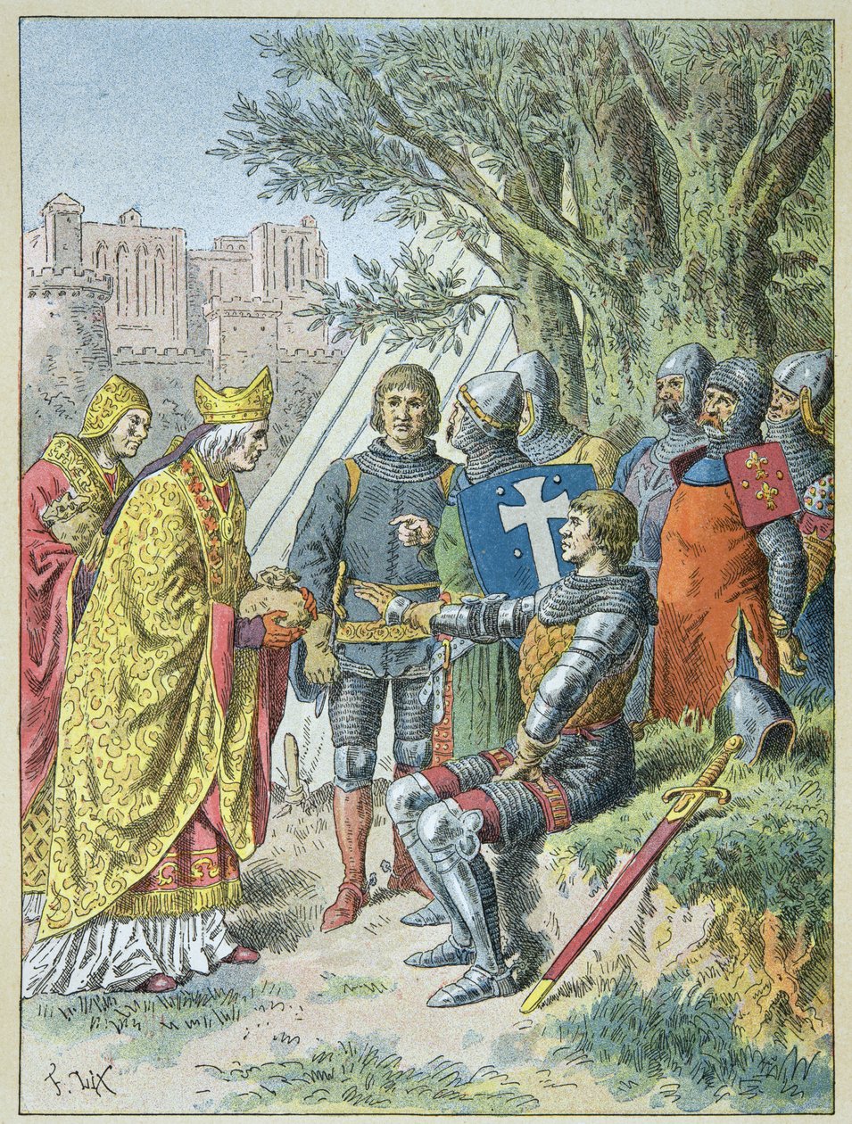 Bertrand Du Guesclin mottok naget han søkte for å beholde Avignon av Frederic Theodore Lix