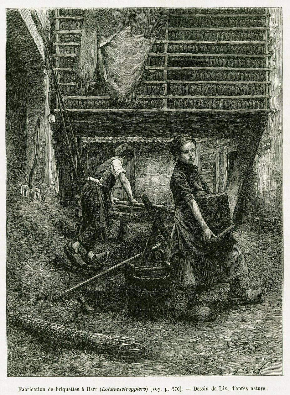 Barnearbeid i brikettering, Barr. Gravering av Lix, for å illustrere historien A Through Alsace and Lorraine, i 1887, av Charles Grad, tysk stedfortreder, i tour du monde 1888, regissert av Edouard Charton (1807-1890), Hachette, Paris. av Frederic Theodore Lix