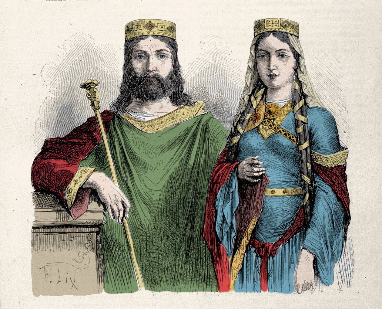 Clovis (481-511) konge av frankene med sin andre kone Saint Clotilde (Clothilde) dronning. Gravering av Lix. av Frederic Theodore Lix