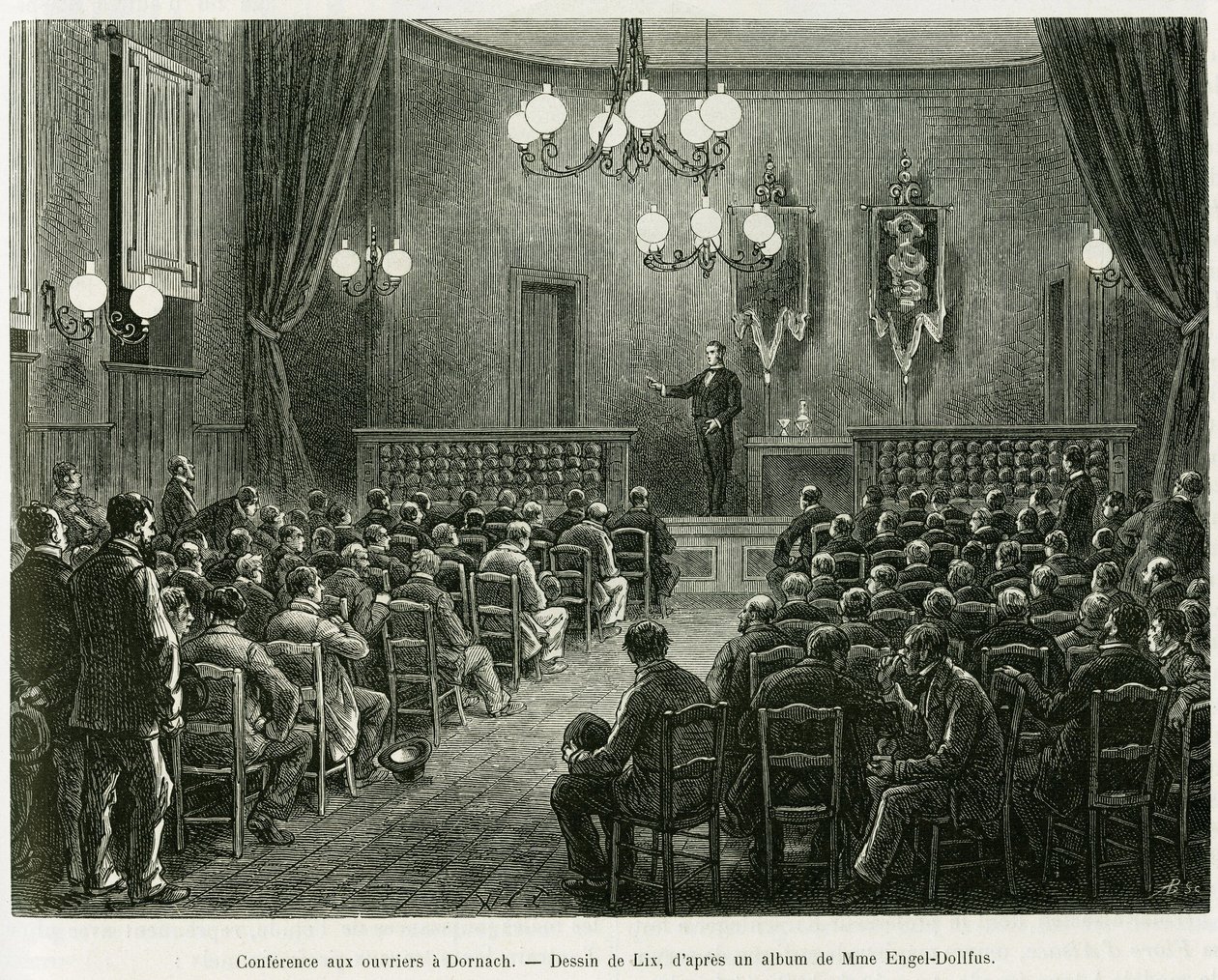 Konferanse til arbeiderne ved Dollfus Mieg-verkstedene, i Dornach. Gravering av Lix for å illustrere historien A Through Alsace and Lorraine, av Charles Grad, tysk deputert, i 1885, i tour du monde 1886, regissert av Edouard Charton (1807-1890), Hache av Frederic Theodore Lix