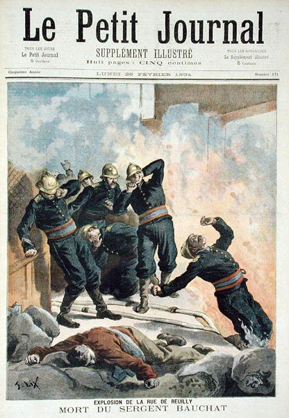 Eksplosjon i Rue de Reuilly og sersjant Bauchats død, fra Le Petit Journal, 26. februar 1894 av Frederic Theodore Lix