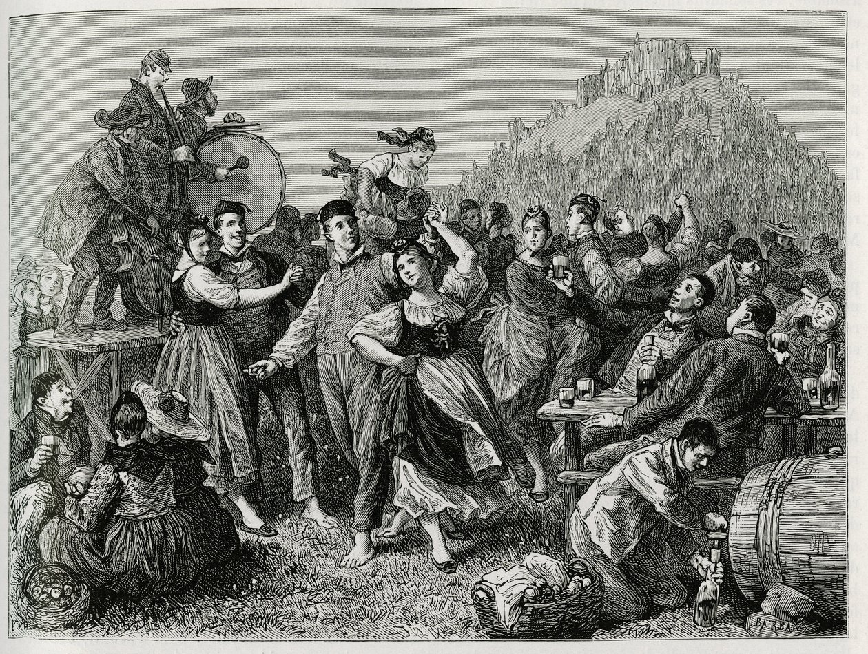 Fete des patres ved Hohneck (Vosges), søndag etter Saint John. Gravering av F.Lix, for å illustrere historien "Gjennom Alsace og Lorraine", i 1884, av Charles Grad (1842-1890), tysk stedfortreder, forfatter og naturforsker. Publisert i Le Tour du monde, no av Frederic Theodore Lix