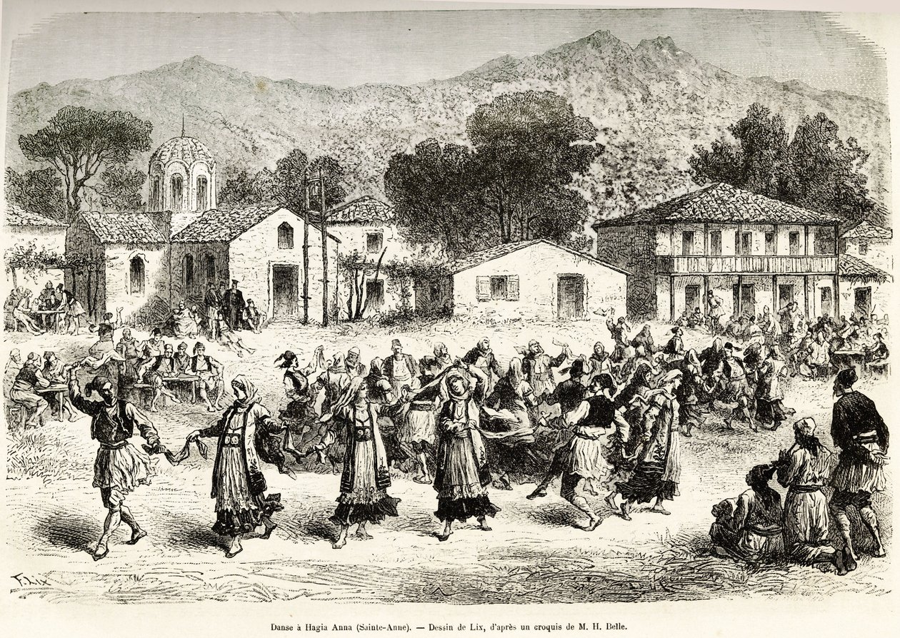 Folkedans på bygdeplassen Haggia Anna (St. Anne). Gravering etter tegningen av Lix, for å illustrere reisen i Hellas, av Henri Belle, i 1861-1868-1874, publisert i "" Le tour du monde""" 1876, redigert av Edouard Charton, Hachette-utgaven, Paris av Frederic Theodore Lix