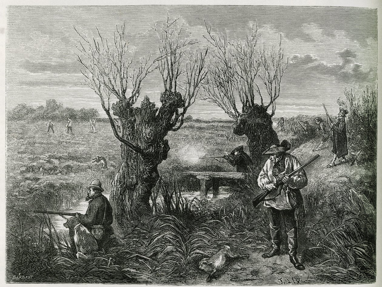 Jakt hare. Gravering av F.Lix, for å illustrere historien "Gjennom Alsace og Lorraine", i 1884, av Charles Grad av Frederic Theodore Lix