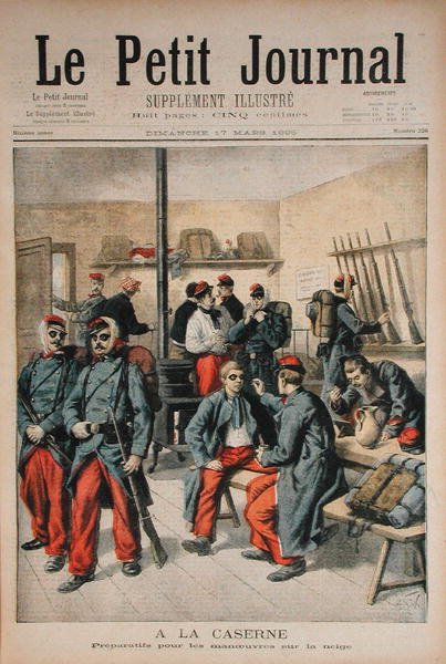 In the Barracks, Preparation for Maneuvers in the Snow, illustrasjon fra Le Petit Journal, 17. mars 1895 av Frederic Theodore Lix