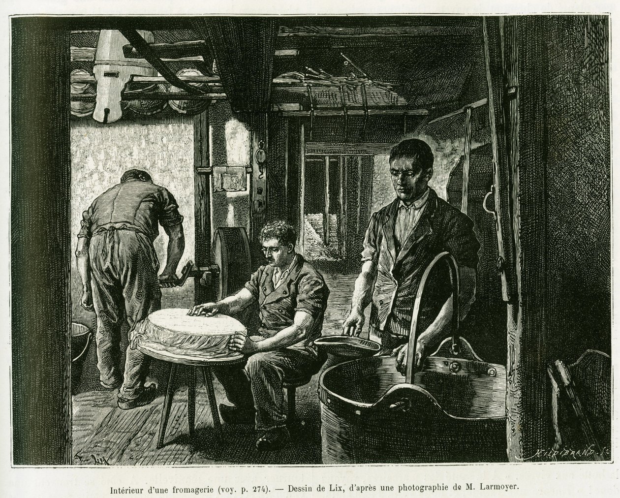 Inne i en ostefabrikk. Gravering av Lix, for å illustrere historien A Through Alsace and Lorraine, av Charles Grad, tysk deputert, i 1885, i tour du monde 1887, under ledelse av Edouard Charton (1807-1890), Hachette, Paris. av Frederic Theodore Lix