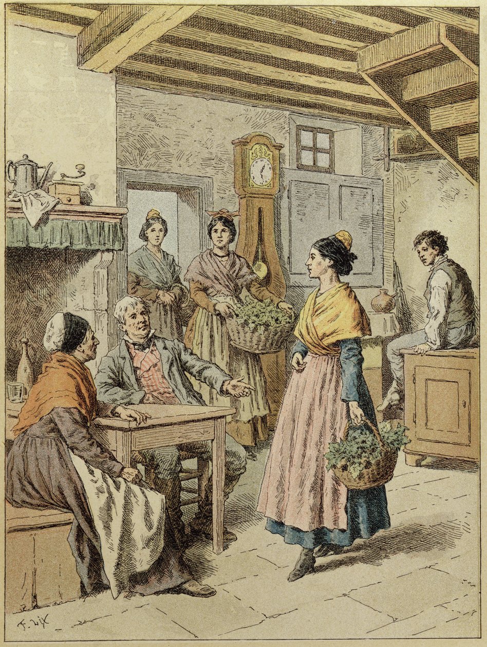 Interiør i et våningshus i Provence, 1901 (fargegravering) av Frederic Theodore Lix